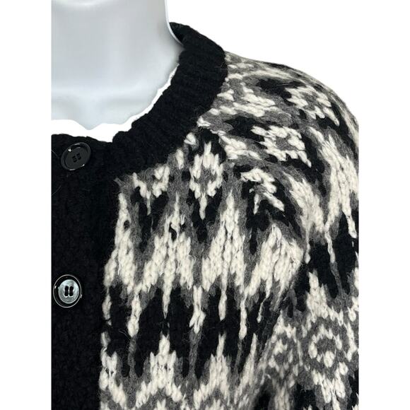 J. Crew Cardigan Sz Small Cropped Fair Isle Chunky Black Gray Wool Angora Blend - Picture 5 of 8